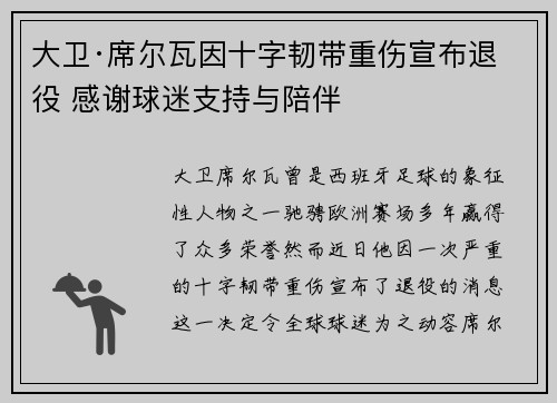 大卫·席尔瓦因十字韧带重伤宣布退役 感谢球迷支持与陪伴