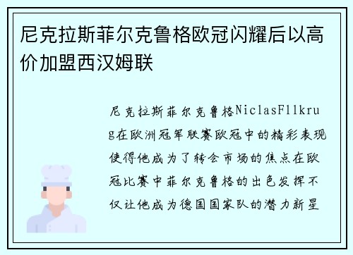 尼克拉斯菲尔克鲁格欧冠闪耀后以高价加盟西汉姆联